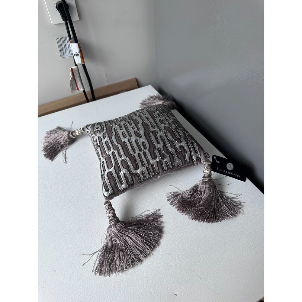 NWT Lili Alessandra Luxury Bead Velvet Tassel Pillow TaupeSilver Abstract Animal